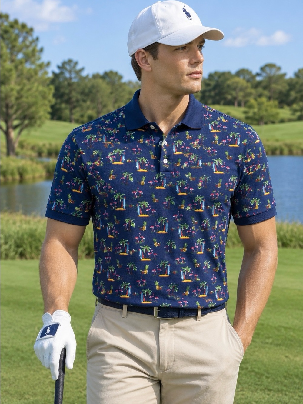 Ralph Lauren Navy Tropical Flamingo Print Polo Shirt Men’s L Golf
